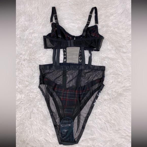 ASOS DESIGN Zola Plaid Mesh Lace Up Bodysuit Corset Underwear Camisole 34B - Picture 6 of 11